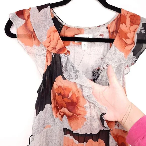 Moulinette Soeurs Anthropologie 100% Silk Dress Sheer Ruffle Floral Size 6 - Picture 11 of 14